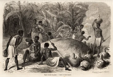 Smagning af pomben (alkoholholdig drik ved gæring), i Karague (vest for Victoria-søen, i det nuværende Zimbabwe), tegning af Emile Bayard (1837-1891), der illustrerer kaptajn Spekes opdagelsesrejse i Afrika fra 1860 til 1863. Indgravering