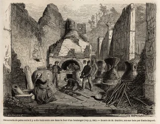 Opdaget af en bagerovn og konserveret brød i aske under udgravningerne i 1864 i Pompei, tegning af Emile Bayard (1837-1891), for at illustrere Marc Monniers tekst (1829-1885) "" Pompei og Pompeierne"". Indgravering i "" Le tour du monde"", redigeret af