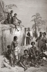 Den hawaiianske kong Kamehameha I og hans krigere, illustration fra "The World in the Hands", udgivet i 1878 (stik)