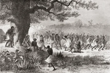 Henry Morton Stanley ser Vouagogos-stammen forberede sig til kamp under sin ekspedition i 1871, illustration fra 
