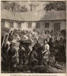 Hostels gårdhave i Chiang Ping Cheou. Tegning af Emile Bayard (1837-1891), til illustration af Shanghais rejse til Moskva, fra 1859 til 1862, af M. de Bourboulon, Frankrigs minister til Kina. Indgravering i "" Le tour du monde"", redigeret af Edouard Chart