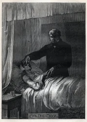 Jean Valjean Closes the Eyes of Dead Fantine - Illustration af Emile Bayard (1837-1891) til "The Miserables - First Part: Fantine" af Victor Hugo (1802-1885) 1862