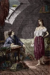 Marius og Eponine, Thenardiers ældre datter og forelsket i Marius Illustration af romanen "Les Miserables" af Victor Hugo (1802-1885) Illustration af Emile Bayard - (Eponine Thenardier (Jondrette pige) og Marius) Gravering Privat samling