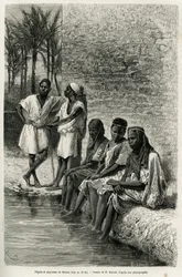 Sorte mænd og kvinder fra Sahara ved bredden af Oued Rir. Stik af E. Bayard som illustration til Det algeriske Sahara af V. Largeau, 1874-1878, udgivet i Le Tour du monde under ledelse af Édouard Charton (1807-1890)