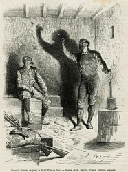 Sir Henri Morton Stanley (1841-1904) og Franck Pock, hans udforskningskammerat, besluttede en bunke eller ansigt af rejseplanen for deres rejse, tegnet af Emile Bayard, for at illustrere historien "Gennem det mystiske kontinent"" (Ækvatorial Afrika), en re