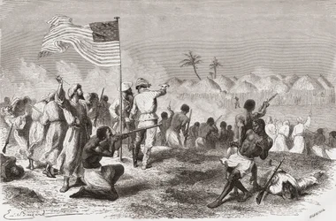 Stanleys angreb på Zimbizo under hans ekspedition i 1871, illustration fra 