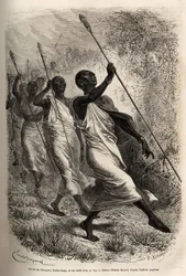 Ankomsten af Kabba Rega, kongen af Ounyoro (det østlige Sudan) og høvdingerne for hans hof, til Sir Bakers lejr for et officielt besøg, indgraveret efter en tegning af Emile Bayard, der illustrerer en ekspedition i Centralafrika, til undertrykkelse af sort