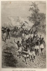 Cassembes hustrus kort går forbi Livingstone, som hilser hende, indgraveret efter en tegning af Emile Bayard, der illustrerer David Livingstones sidste dagbog (1813-1873), i 1866-1873, udgivet i "" Le tour du monde"" 1875, redigeret af Edouard Charton,