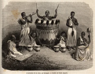 Hoforkestret, i Karague (vest for Victoria-søen, det nuværende Zimbabwe), tegning af Emile Bayard (1837-1891), der illustrerer kaptajn Spekes opdagelsesrejse i Afrika fra 1860 til 1863. Indgravering i "" Le tour du monde ””, redigeret af Edouard Char