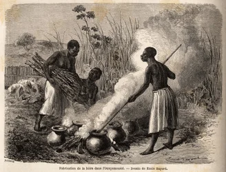 Produktionen af øl i ounyamoezi (De Store Søers region, Afrika), tegning af Emile Bayard (1837-1891), der illustrerer kaptajn Spekes opdagelsesrejse i Afrika fra 1860 til 1863. Indgravering i "" Le tour du monde"", redigeret af Edouard Charton