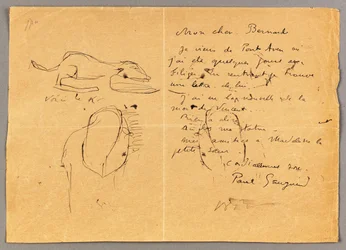 Brev til Emile Bernard med tre blækskitser, der noterer "Vincents død", Tahiti, 1890