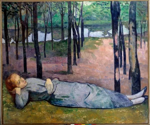 Madeleine (1871 - 1895) ved kærlighedens skov. Portræt af en frygtelig kvinde liggende i en skov. Maleri af Emile Bernard (1868-1941)