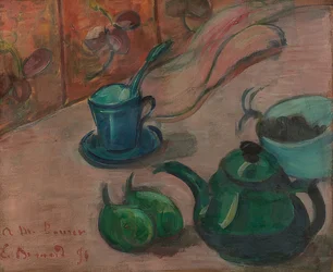 Stilleben med tekande, kop og frugter. 1890