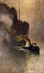 I Slæb på Themsen i Tågen; Escorte sur la Tamise dans le Brouillard - Taget in Tow on Themsen, 1918