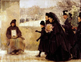Allehelgen. En sørgende familie på vej til kirkegården giver en mønt til en gammel mand, der beder om almisse. Maleri af Émile Friant (1863-1932), 1888, H. 2,54 x 3,34 m, Nancy, Musée des Beaux-Arts