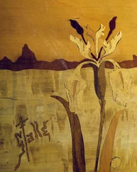 Bord i jugendstil, af Emile Galle (1846-1904), valnød med finerfinish og forskellige træsorter, detaljer, Frankrig, 20. århundrede