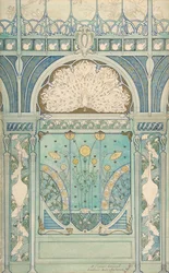 Design til en vægdekoration med påfugl, traner og solsikker til restauranten..., 1896-98