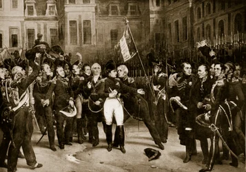 Napoleons afsked med sine generaler i Fontainebleau, 1814, illustration fra »Hutchinsons historie om den britiske nation«, ca. 1923