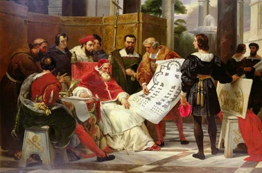 Pave Julius II giver Bramante, Michelangelo og Raphael ordre til at bygge Vatikanet og Peterskirken, 1827 (detalje fra 157491)