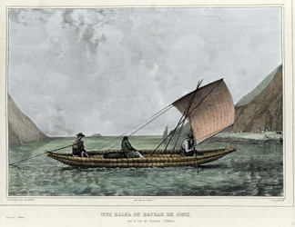 En Balsa eller en udslæt båd på Titicaca-søen (Bolivia). Litografi af Emile Lassalle (1813-1871) - i "" Voyage in South America"" af Alcide D