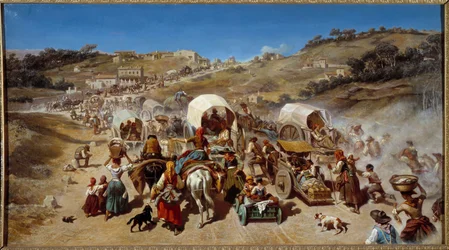 Emigration under koleraepidemien i Marseille i 1850 Maleri af Emile Loubon (1809-1863) 1850 Dim. 0,74 x 1,70 m Montpellier museum Fabre