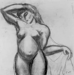 Figurstudie. Stående kvinde en face med et draperi.