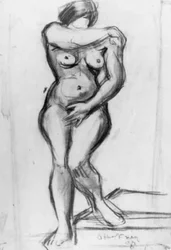 Stående kvindelig model en face, croquis.