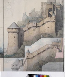 Udsigt over machicoulis mellem Nordtårnet og Claudine Tower of Mont Saint Michel. Tegning af Emile Sagot. Avranches kommunale museum (Manche)