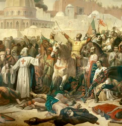 Detalje: Første korstog: «Korsfarernes erobring af Jerusalem den 15/07/1099» - Gottfried af Bouillon takker Gud i Peter Eremittens nærvær