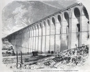 Chaumont Viaduct på jernbanen fra Paris til Mulhouse. Gravering efter skitse af Ralph i "" The Illustrous World "", 09/05/1857. Privat samling.