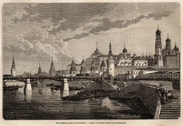 Generelt billede af Moskva, taget fra Moskowa, tegning af Therond, for at illustrere rejsen fra Shanghai til Moskva, fra 1859 til 1862, af M. de Bourboulon, Frankrigs minister til Kina. Indgravering i "" Le tour du monde"", redigeret af Edouard Charton