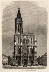 Facaden på katedralen i Strasbourg, tegning af Therond, til illustration af Victor Duruys rejse fra Paris til Bukarest i 1860. Indgravering i "" Le tour du monde"" 1861. Selvas samling.