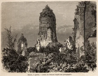 Ruinerne taget i junglens vegetation i Ajuthia (Thailand), tegnet af Therond, for at illustrere rejsen gennem kongerigerne Siam, Cambodja og Laos, fra 1858 til 1861, af Henri Mouhot. Indgravering i "" Le tour du monde"", redigeret af Edouard