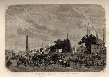 Pladsen i Ett Meydan, Konstantinopel (det nuværende Istamboul, Tyrkiet), tegning af Therond, for at illustrere undersøgelsen om tyrkiske kvinder, fra 1862, af F.Jerusalemy. Indgravering i "" Le tour du monde"", redigeret af Edouard Charton