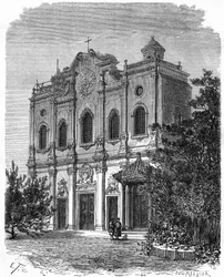 Udsigt over facaden af katedralen i Nantang, bygget på stedet for Matteo Riccis hus (1552-1610), katolicismens fader i Kina. Gravering efter en tegning af Therond, i "" Le Tour du Monde, Nouveau journal des Voyages"", redigeret af Edouard Chart