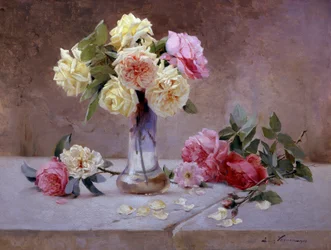 Stilleben med rosa og gule roser. Maleri af Emile Vernon (1872-1919) Privat samling.