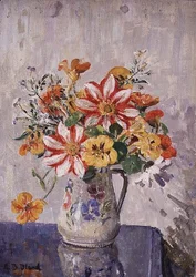 Stilleben med blomster i en kande