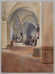 Inde i en tobaksfabrik i Sevilla, ca. 1900. Blyant og akvarel