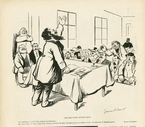Illustration af Emmanuel Barcet (1870-1940) i Le Rire, 09/05/08 - Kommunalvalg - Valg, Politisk møde, møde, valgmøde, kommunalvalg