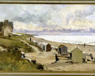 Badestranden i St. Pair (Manche) - Olie på lærred af E. Lansyer