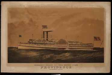 Narragansett Steamship Co.s verdensberømte dampskib Providence B M Simmons. Commander... (litografi, farvelagt)