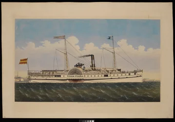 S.S. Villa Clara med udsigt over New York (litografi, farvelagt)