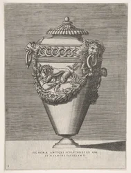 Antik urne med låg dekoreret med et motiv af diamantringe og løver, fra vaser ..., 1543 eller senere.