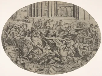 Kamp mellem amasoner og mænd foran arkitektoniske arkader, en oval komposition med..., 1543.