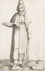 Kostumeplade: Hispana Rustica med etiket på sten, ca. 1557-58.