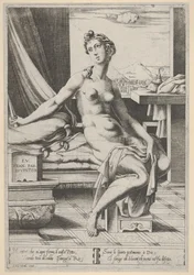 Lucretia nøgen og siddende foran et vindue, med en dolk i højre hånd og holdende d..., ca. 1535-67