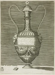 Vase med to groteske masker, tallerken seks fra A Series of Vases Drawn After the Antique