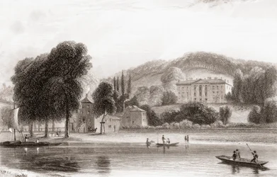 1800-tals udsigt over Beaumont Lodge, Old Windsor, Berkshire, England. Solgt i 1854 til Society of Jesus og omdøbt Beaumont College, en jesuiter folkeskole. Fra Churton