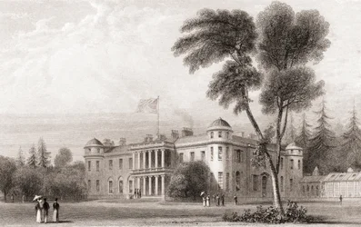 Udsigt fra det 19. århundrede af Goodwood House, West Sussex, det sydlige England. Fra Churton
