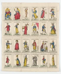 24 Twelfth Night Characters, 1818 (håndfarvet gravering)